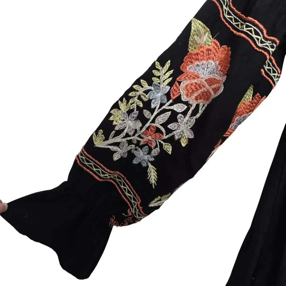 Free People Fleur Du Jour Enchanted Garden Mini Dress M Black Embroidered Floral